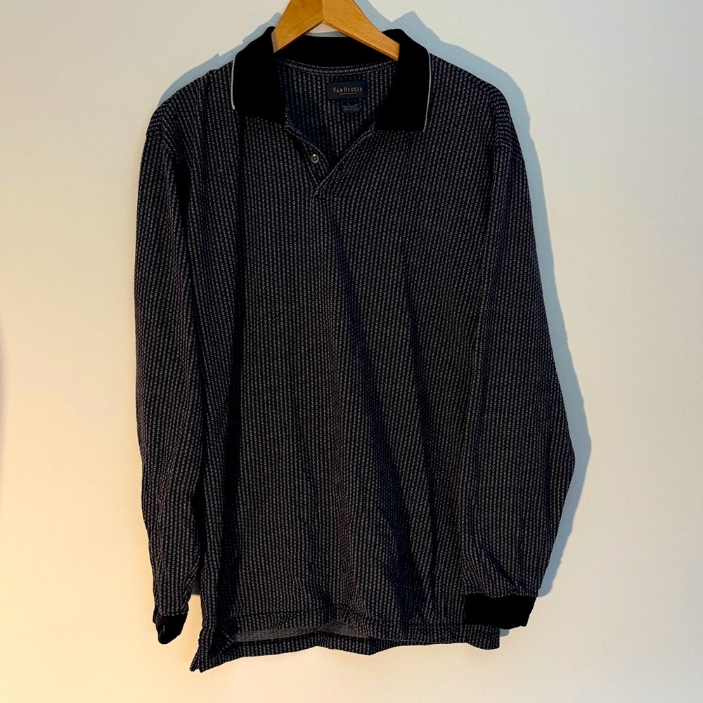 ✅ VAN HEUSEN Vintage 80s Long Sleeve Preppy Collared Polo Rugby Shirt Size Large